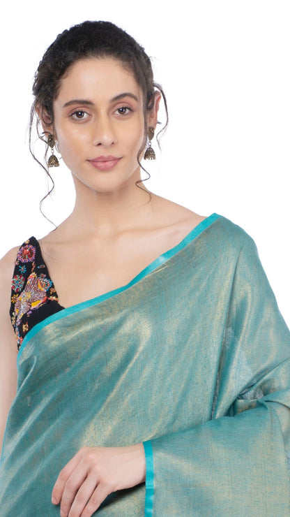 Tissue Linen Green Saree Gold Shimmer Pallu