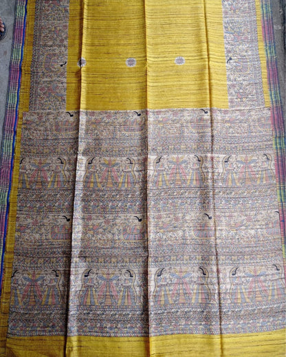 5522-Silkmark Certified Tussar Silk Handloom Handblock Printed Yellow Saree with Blouse
