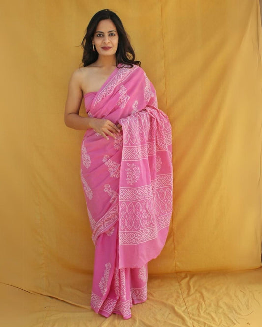 Blockprinted Pure Mul Cotton Elegant Pink Saree