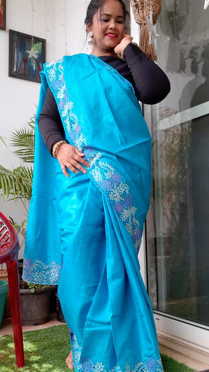 Silkmark Certifiied Pure Tussar Hand Cutwork Blue Saree (Tussar by Tussar Fabric)-Indiehaat