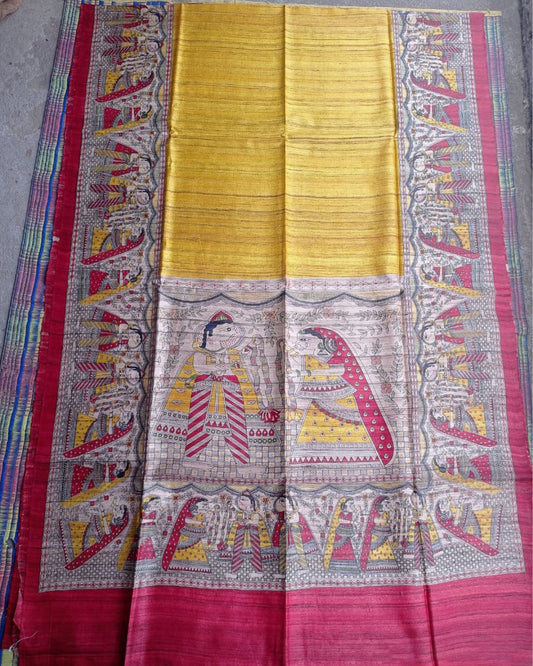 Silkmark Tussar Creative Madhubani Yellow & Pink Saree