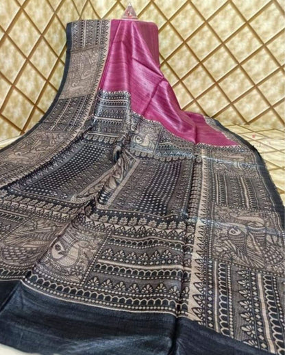 Silkmark Tussar Artistic Madhubani Pink & Black Saree