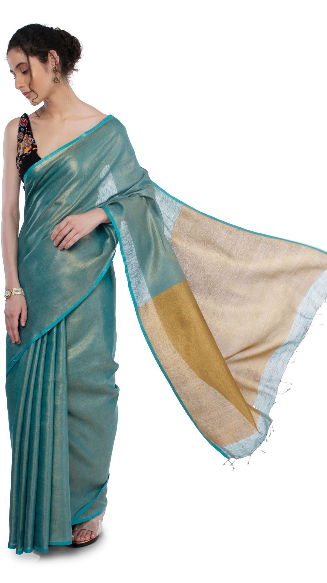 Tissue Linen Green Saree Gold Shimmer Pallu