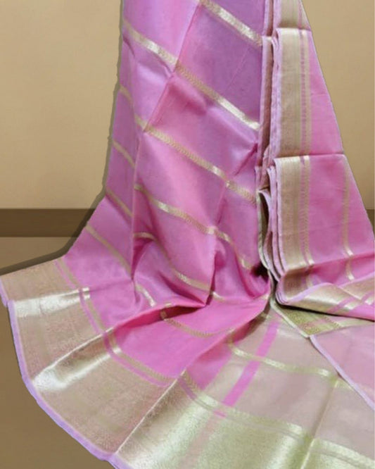 4567-Organza Pure Banarasi Silk Saree With Striped body running blouse Lilac Pink Colour