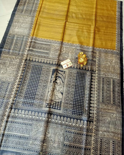 8048-Silkmark Certified Tussar Silk Handloom Handblock Printed Yellow Saree with Blouse