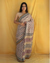 Blockprinted Pure Mul Cotton Thoughtful Beige Saree