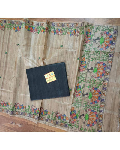 Silkmark Tussar Beige Madhubani Textured Dupatta & Blue Top