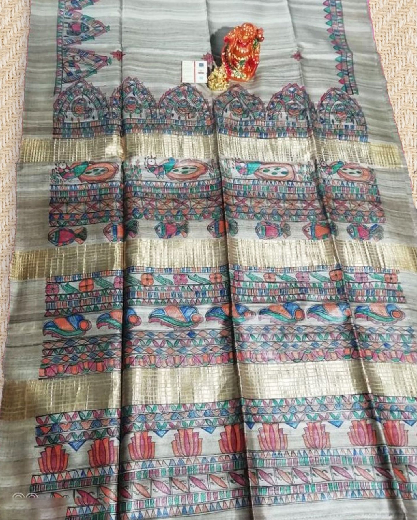 5731-Silkmark Certified Tussar Silk Madhubani HANDPAINTED Biege Saree with Blouse