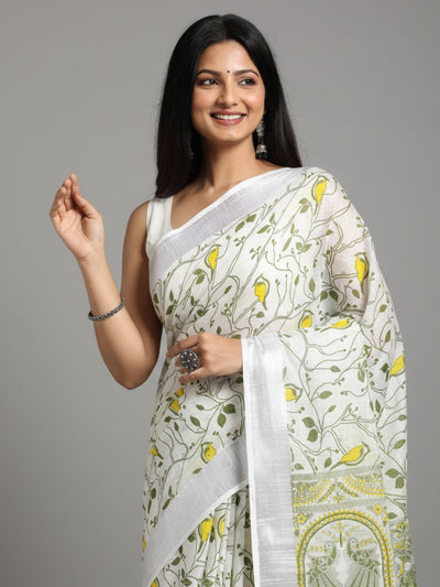 Fresh Slub Linen Wax Batik Hand Dyed Saree White & Green