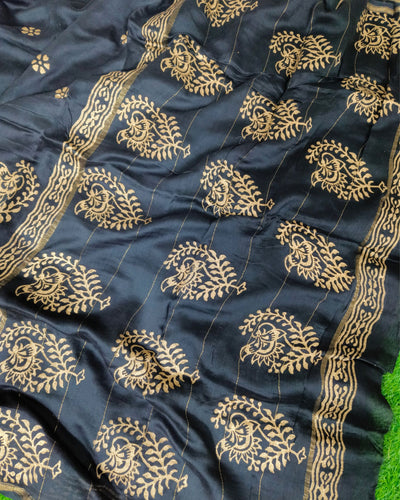 Chanderi Cotton Saree Block Print Black Color with running blouse-Indiehaat