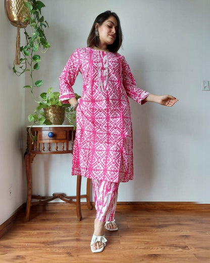 Indiehaat | Cotton Stitched Kurti Rose Pink Color Handblock Printed With Pant