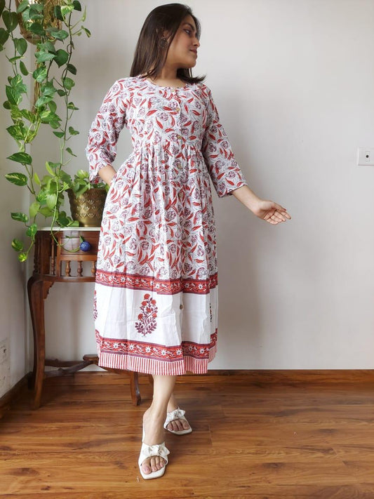 Indiehaat | Cotton Long One Piece Dress White Color Bagru Hand Printed Size 36 to 46