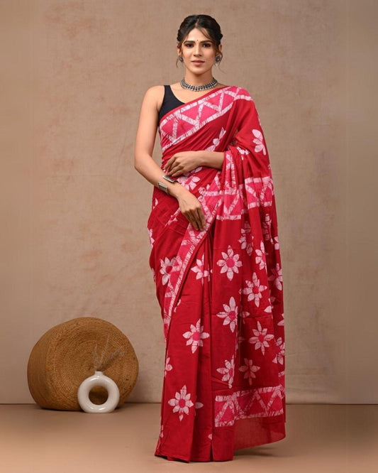 Indiehaat | Pure Mulmul Cotton Saree Red Color handblock printed with Running Blouse