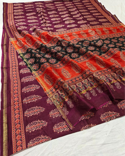 Indiehaat | Chanderi Silk Ajrakh Print Saree Red