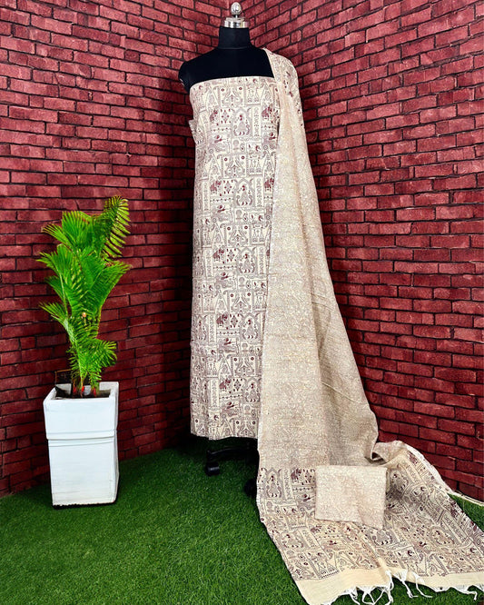 Indiehaat | Khadi Silk Off White Suit Warli Print Top+Bottom+Dupatta