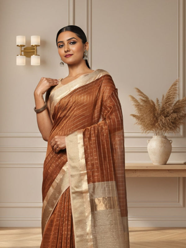 Stunning Pure Maheshwari Silk Allover Checks Earthy Brown Saree