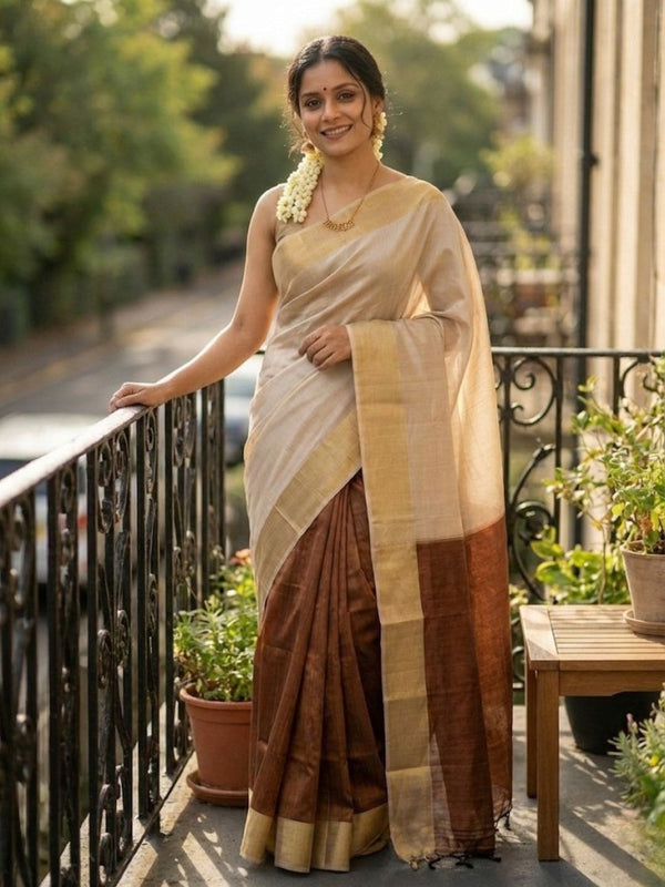 Indiehaat | Kota Silk Hand Dyed Saree Beige & Brown