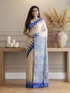 Silkmark Tussar Tranquil Blockprint Biege & Blue Saree