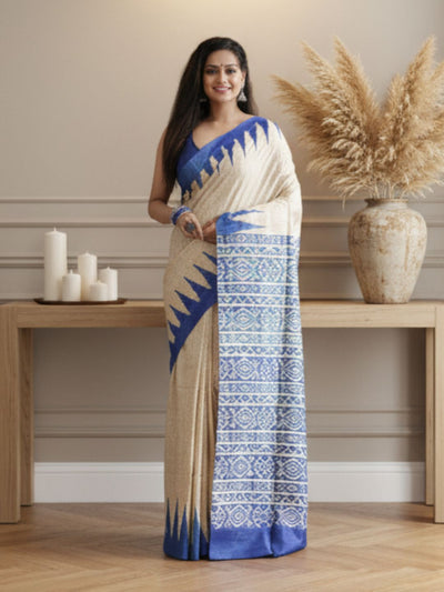 Silkmark Tussar Tranquil Blockprint Biege & Blue Saree