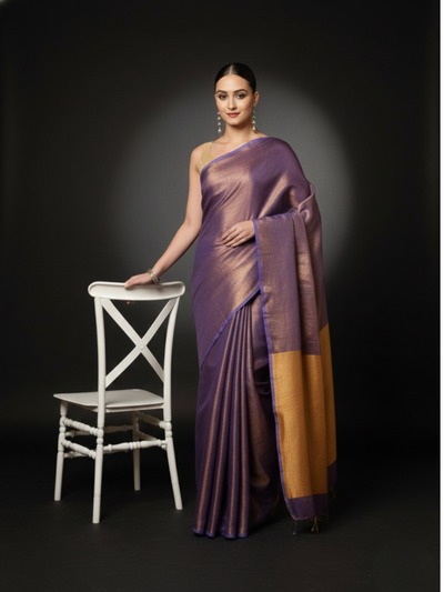 Tissue Linen Purple Saree Gold Shimmer Pallu