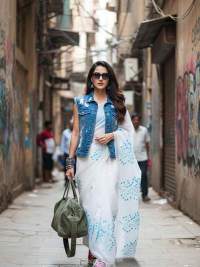 Kota Doria Embroidery White Saree with blouse Handcrafted-Indiehaat