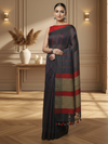 Bold Handwoven Pure Linen Gray Saree Striped Design