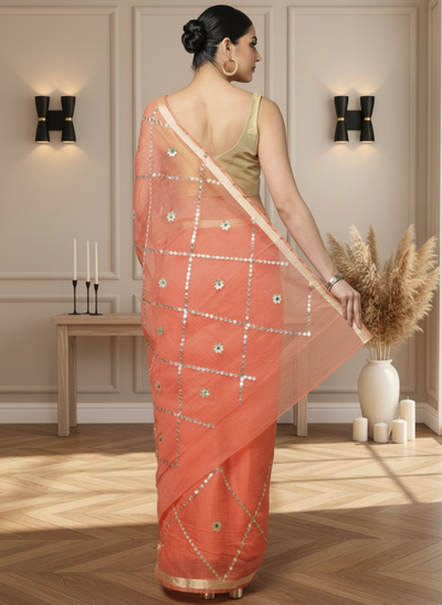 Pankhudi Gota Patti Peach Kota Cotton Saree