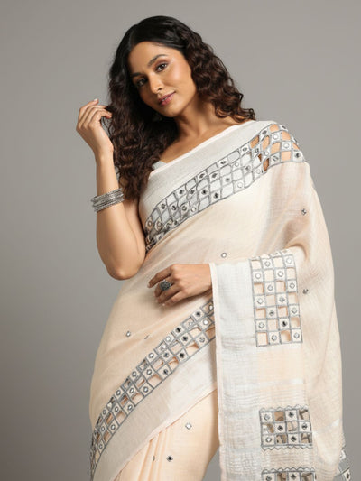 Surreal Pure Linen Hand Cutwork Design Off White Saree