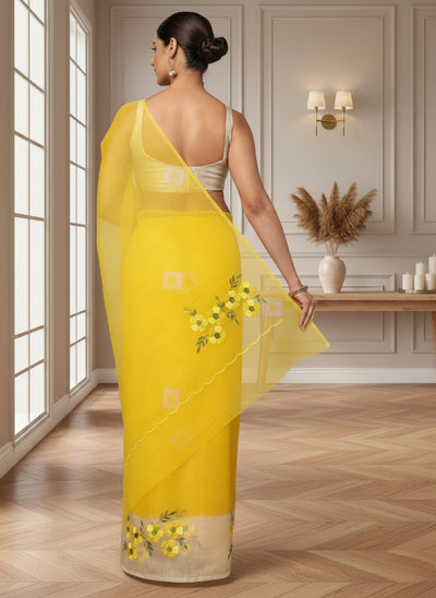 Rich Bandhej Kota Doria Embroidery Yellow Saree Handdyed