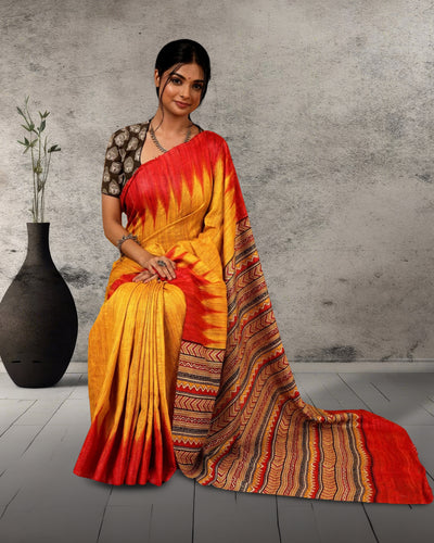 Silkmark Tussar Sunny Blockprint Mustard & Red Saree