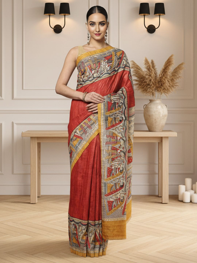Silkmark Tussar Quaint Madhubani Red & Beige Saree