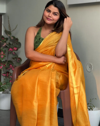 5727-Hand Dyed Pure Tissue Linen Yellow color  Saree With Running Blouse Hand Dyed