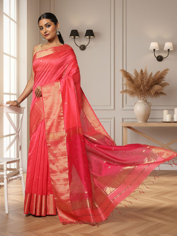 Glossy Maheshwari Silk Pure Handloom Saree Red
