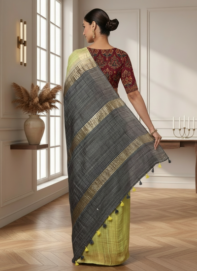 Silkmark Ghicha Tussar Scintillating Black & Yellow Saree