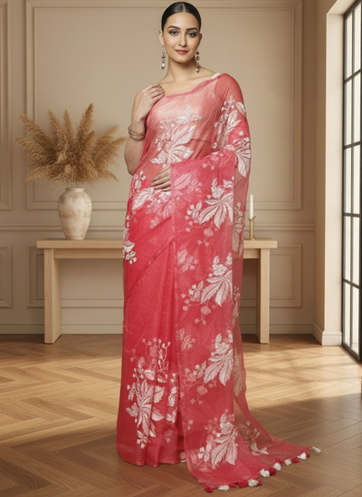 Embroidered Organza Pure Silk Pink Saree for Modern Ethnic Fashion | Indiehaat