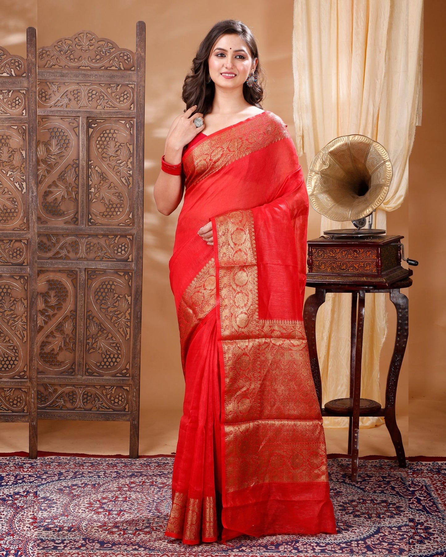 Mesmerizing Banarasi Silk Linen Orange Handloom Saree