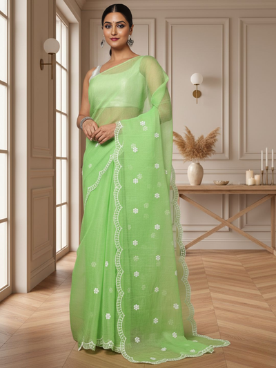 Kota Doria Sarees Embroidery Work Moss Green