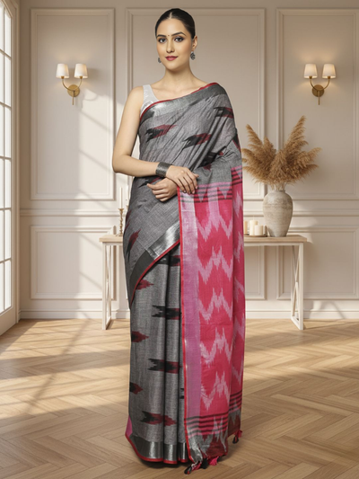 Soft Ikkat Slub Linen Handloom Gray Saree