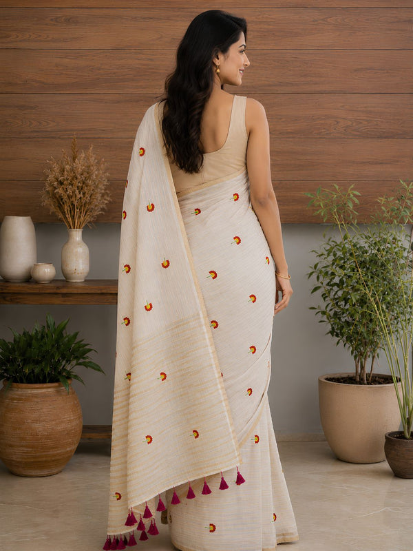 Indiehaat | Mul Cotton Embroidered Saree White