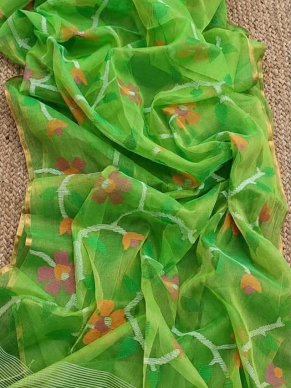 Indiehaat | Pure Muslin Silk Jamdani Saree Green