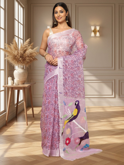 Kota Doria Paithani Embroidery Designer Saree Lavender