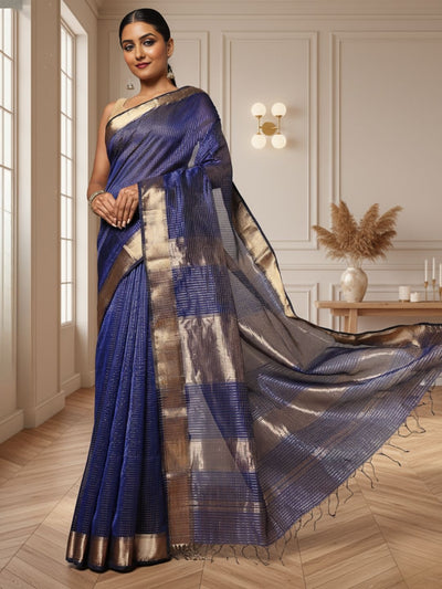 Poised Maheshwari Pure Silk Check Body Indigo Saree