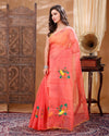 Fiery Kota Doria Cotton Bird Embroidery Red Saree Handdyed