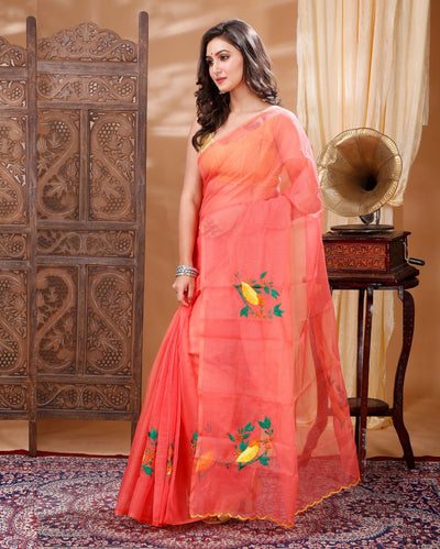Fiery Kota Doria Cotton Bird Embroidery Red Saree Handdyed