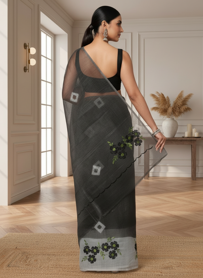 Vibrant Bandhej Kota Doria Embroidery Black Saree Handdyed