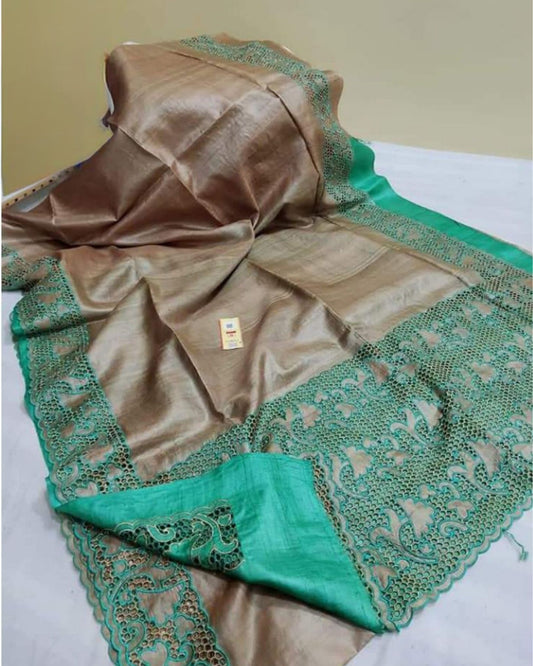5004-Silkmark Certifiied Pure Tussar Hand Cutwork Brown&Green combi Colour Saree (Tussar by Tussar Fabric)