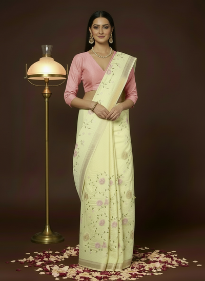 Impressionistic Silk Linen Embroidered Yellow Saree