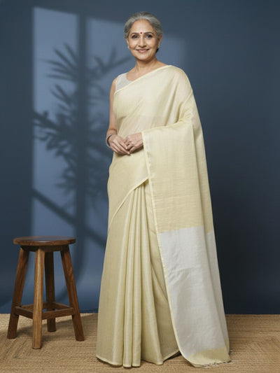 Effulgent Pure Tissue Linen Handdyed Saree Off White