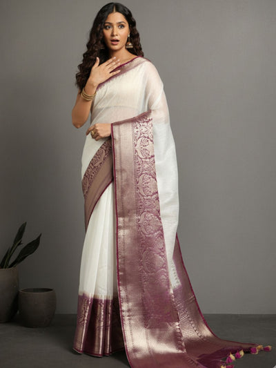 Silk Linen Banarasi Brocade Weaving Handloom White Saree with Blouse-Indiehaat
