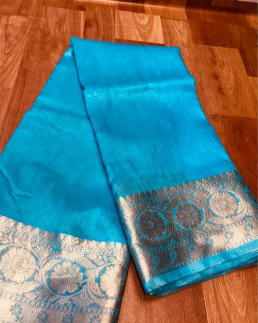 Color-Rich Banarasi Silk Linen Blue Handloom Saree